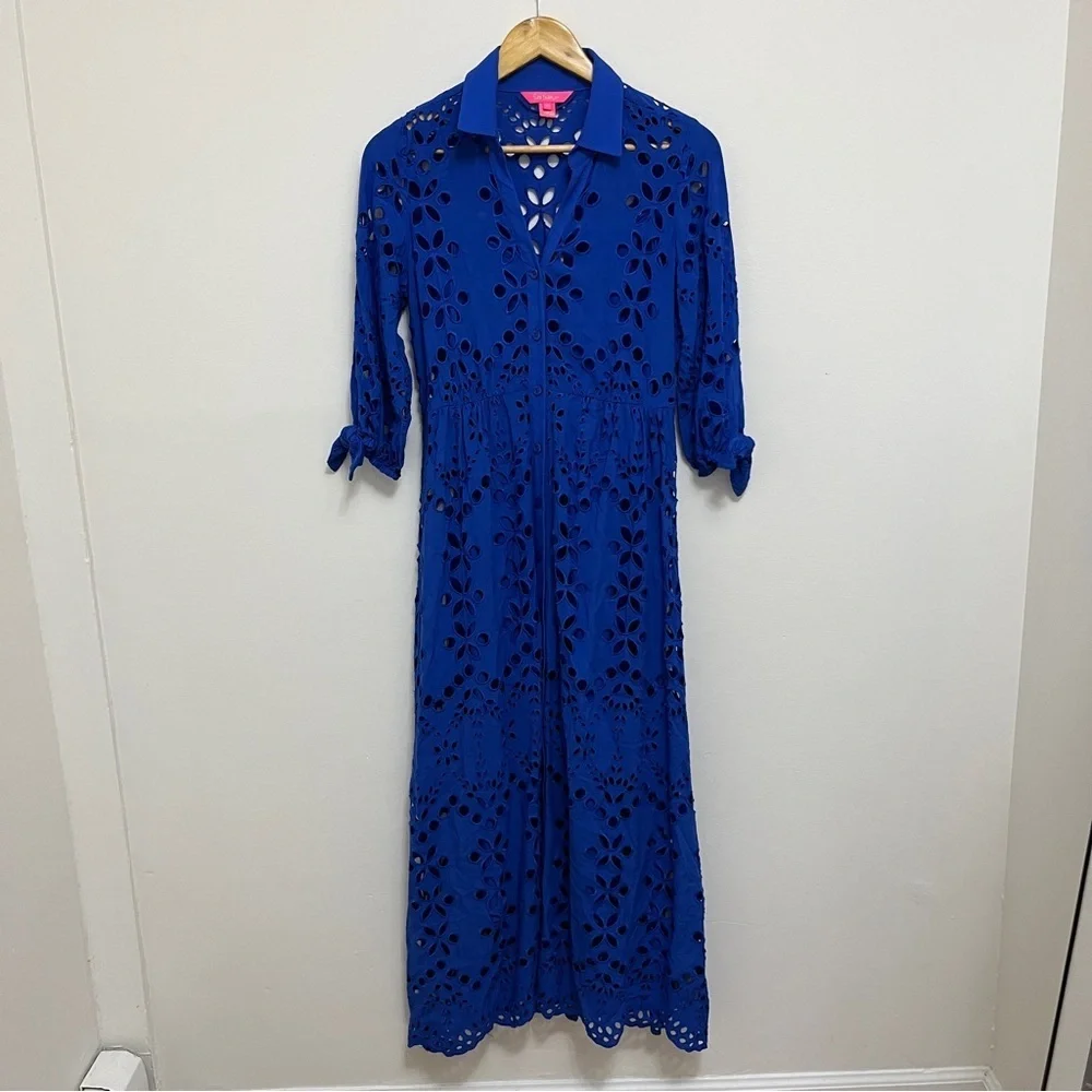Lilly Pulitzer Borealis Blue Amrita Midi Eyelet Shirtdress Sundress Size 0 - Picture 3 of 7